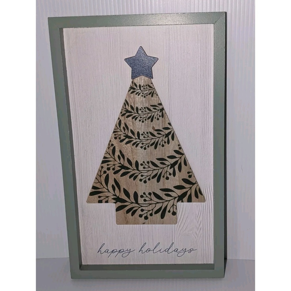 New! Christmas Tree Star Moody Wood Sign Wall Winter Decor Free Standing